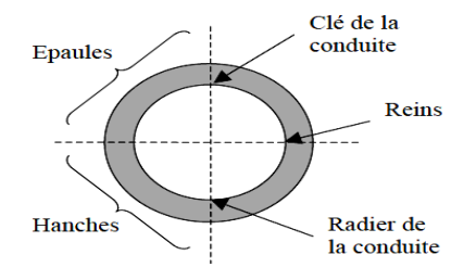 Schéma d'une section de conduite indiquant la clé, les épaules, les reins, les hanches et le radier pour le calcul structurel en fonçage horizontal